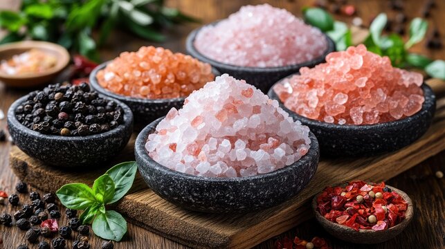 Assorted salts in small bowls, herbs and spices