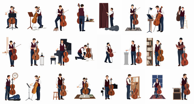 Set of flat vector illustrations depicting a male cellist in various professional poses, practicing, performing, and maintaining his musical instrument.