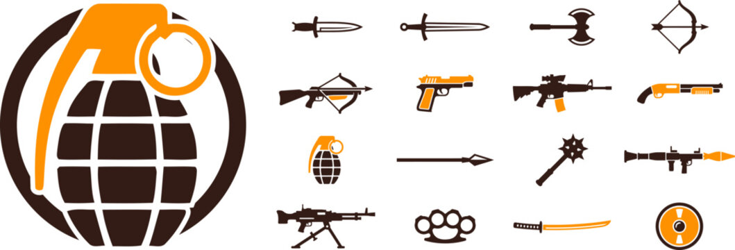 A collection of various weapons surrounds a globe with a grenade on the left