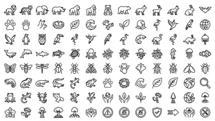 Exotic animals and wildlife outline icon set for zoology education, nature conservation, and biodiversity awareness platforms © Abdul