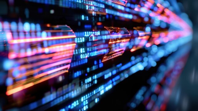 Abstract digital artwork depicting vibrant light trails and binary code representing data flow and technology concepts