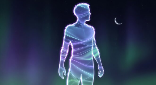3D rendered medical scan of human skeleton in dark room.