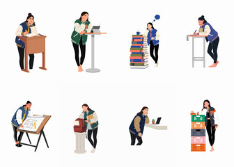 Fototapeta premium Set of flat vector illustrations featuring female students in varsity jackets studying, writing, and working at various desks and workstations on white background.