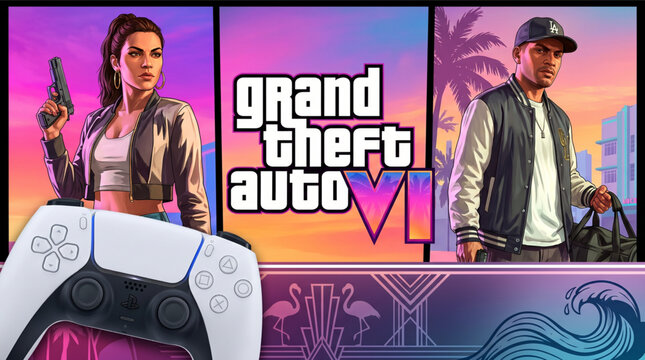 Playstation 5 DualSense white wireless controller for PS5 gaming console with official Grand Theft Auto VI GTA 6 logo and main characters Lucia and Jason in background. Video game marketing mockup.