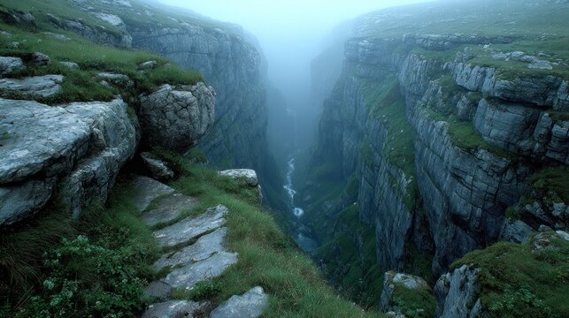 Misty mountain gorge, rocky path