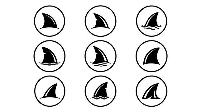 Eight black shark fin icons in circular frames on white