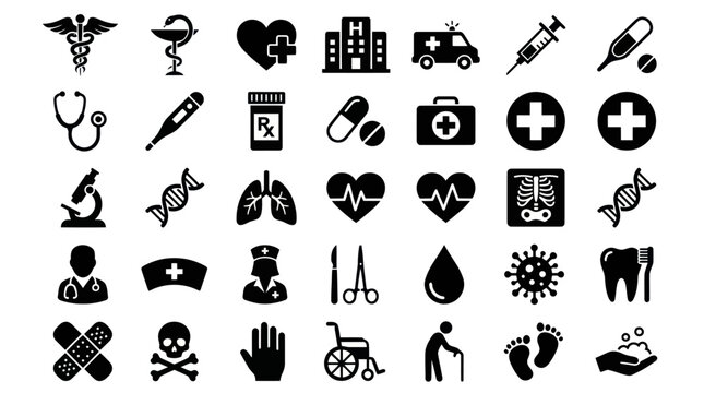 Medical icons depicting various healthcare symbols and objects on a white background