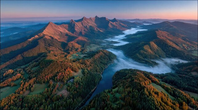 Misty mountain range at dawn
