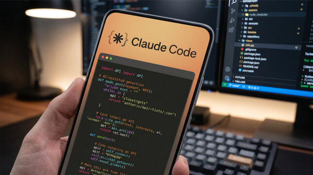 Hand holding a smartphone displaying the Claude Code AI coding assistant application interface with a computer monitor showing visual studio code editor and a mechanical keyboard background office