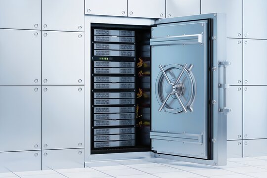 open heavy bank vault door revealing server rack inside. Data security protection