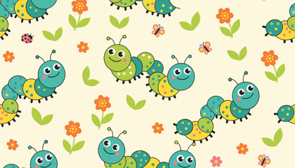 Obraz premium Seamless pattern with cheerful smiling caterpillars, colorful flowers, ladybugs, and butterflies on a pastel yellow backdrop.