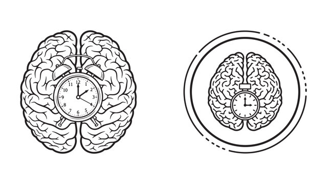 Dual brain and clock line art concept illustrating time management, memory, and cognitive science