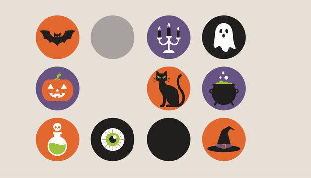 Collection of cute Halloween icons inside colorful circles, featuring a ghost, black cat, witch hat, pumpkin, and bat.