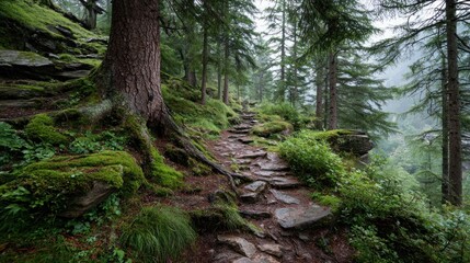 Fototapeta premium Misty mountain path through lush forest
