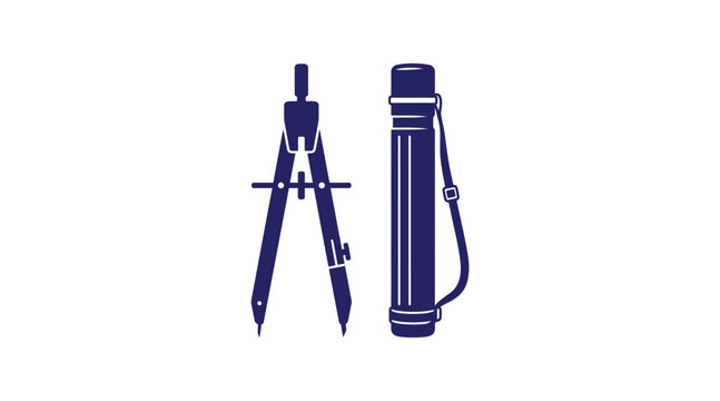 Professional drafting compass and cylindrical blueprint tube with drafting blueprint architecture engineering geometry architect engineer education mathematics technical planning schematic
