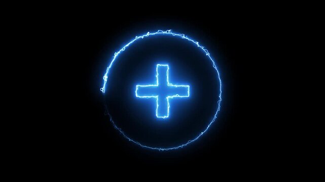 Glowing blue electric plus sign symbol with energy aura, neon lightning motion overlay addition, 4k video.