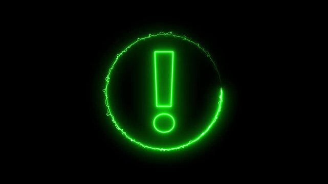 Neon green exclamation mark warning sign with electric energy glow on black background, neon light, 4k video.