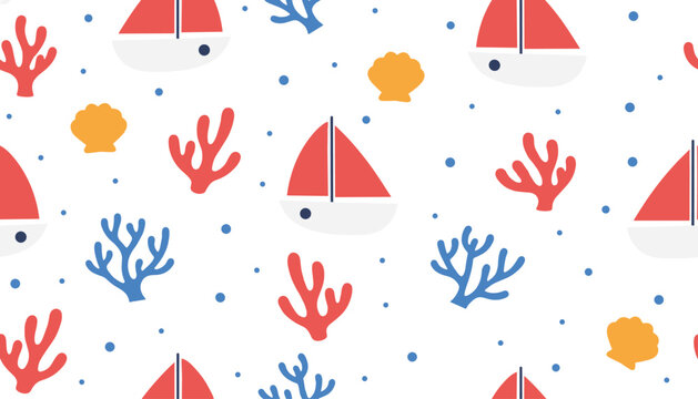 Seamless nautical pattern with small red and white sailboats, sea shells, and colorful corals on a white background.