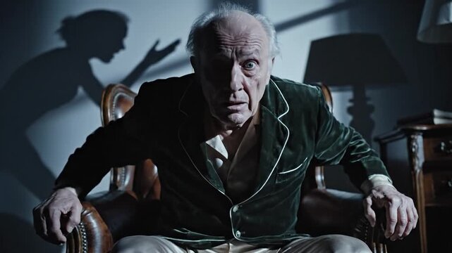 Elderly Man in Chair Facing Fearful Shadow