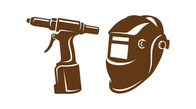 Icon set of industrial riveting tool and welding helmet with industrial protective manufacturing fastening construction equipment protection professional mechanic assembly fabrication