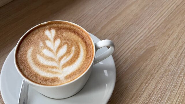 close up view of hot coffee with latte art isolated on wooden table. white mug or cup. Grey, gray. Spoon. flat lay. high angle, above, top. close up. brown. cafe, coffee shop, restaurant. copy space, 