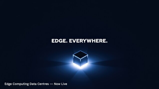Futuristic glowing cube graphic showcasing edge computing data centers now live with sleek modern design and high-tech illumination