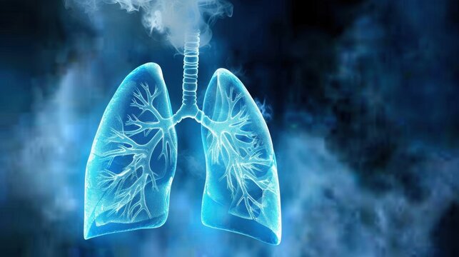 Abstract illustration of human lungs emitting smoke with blue background and glowing effect representing respiratory health concept