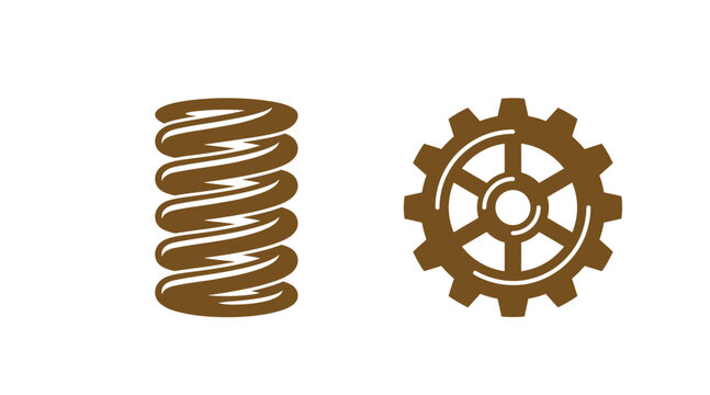 Industrial spring and cogwheel icon set with cogwheel mechanical engineering industry technical component technology manufacturing automotive flexibility mechanism rotation industrial