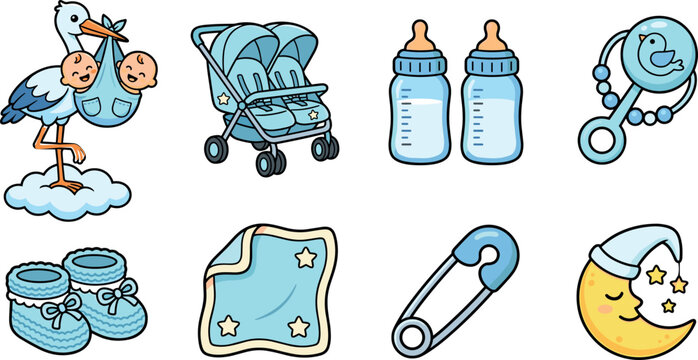 Twin Baby Boy Shower Elements Set with Stork carrying Twins, Double Stroller, Feeding Bottles, Rattle, Booties, Blanket, Safety Pin, and Moon