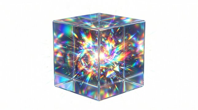 Abstract futuristic crystal cube with holographic rainbow refraction and glowing energy explosion inside on a white background