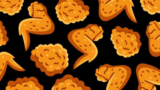 Seamless looping pattern featuring crispy fried chicken wings and crunchy nuggets on a dark background. Perfect for fast food advertising, restaurant promotions, menu displays, packaging