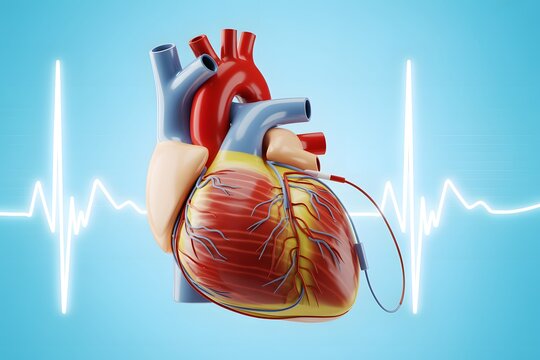 Human heart illustration with pacemaker wires attached