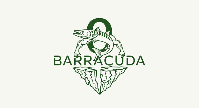 Barracuda fish logo with mountain and text design.