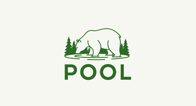 Bear and cubs by pool with forest backdrop logo.
