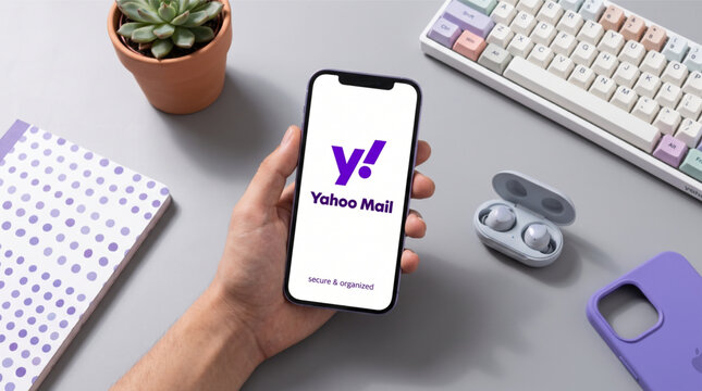 Hand holding a smartphone iPhone with Yahoo Mail app logo on the screen on a desk with a keyboard, succulent plant, and wireless earbuds. Purple tech accessories and office stationery mockup scene.