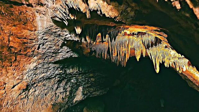 Amazing cave interior with stalactites dripping water and natural formations.