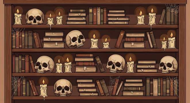 Spooky halloween bookshelf illustration with skulls, candles, and old books