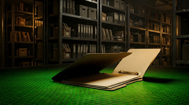 A well-worn manila folder lies open on a green textured floor in a dimly lit archive room, surrounded by shelves packed with old documents and boxes, evoking a sense of mystery and hidden history.