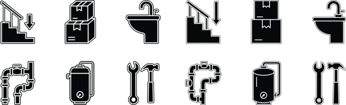Collection of industrial and household icons featuring pipes faucets plumbing tools and storage boxes.