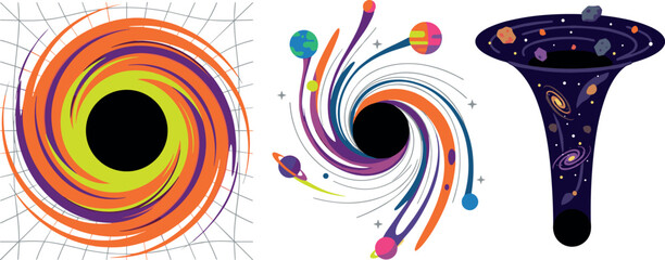 Obraz premium Cosmic Black Hole Infographic Vector Set with Gravitational Singularity, Spacetime Grid Distortion, Swirling Wormhole, and Devoured Planets for Science Education