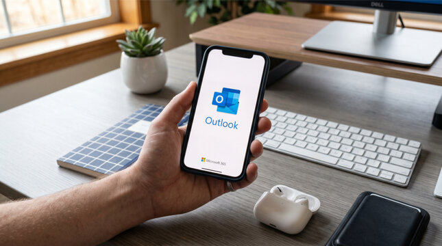 Hand holding a smartphone iPhone with Microsoft Outlook app on the screen. Modern home office desk workspace with keyboard, succulent plant, computer monitor, and wireless earbuds in the background.