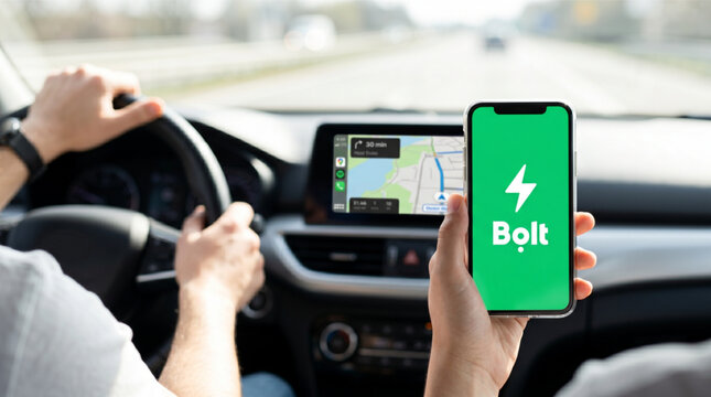 Hand holding a smartphone iPhone with Bolt ride sharing app on the screen, driver steering car with GPS navigation map on dashboard display in the background, urban transport service app mockup.