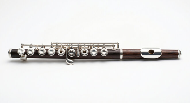 A professional product photograph of a professional-grade grenadilla wood piccolo with sterling silver keys, positioned elegantly on a seamless, pure white studio background.