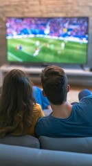 Obraz premium A couple watching a world championship football game on TV at home