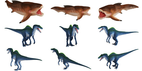 Colorful dinosaur and shark 3D models on display. © Ilie