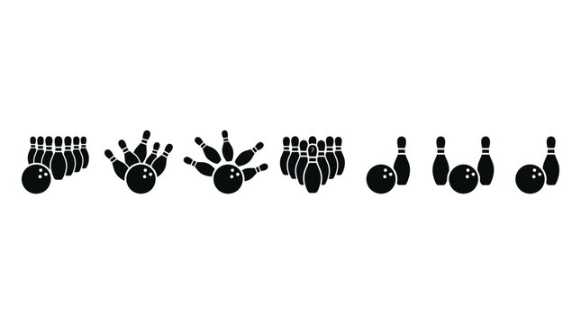 A collection of stylized bowling icons featuring balls and pins in various arrangements