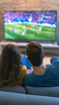 A couple watching a world championship football game on TV at home