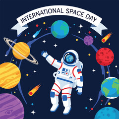 International Space Day illustration with astronaut and planets © Asmiya