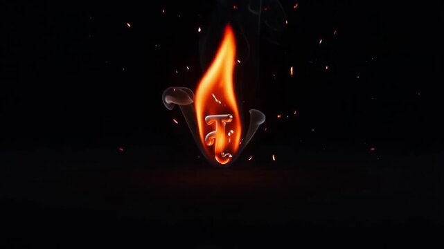 Devanagari character na glowing in intense orange flames with swirling smoke and floating embers creating a powerful cinematic motion animation effect against a deep pitch black background that enhanc