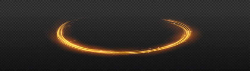 Glowing Light Trail Curve Abstract Dark Background Vector Illustration. Smooth golden light trail forming a curved shape on a dark textured background in vector style. © Md